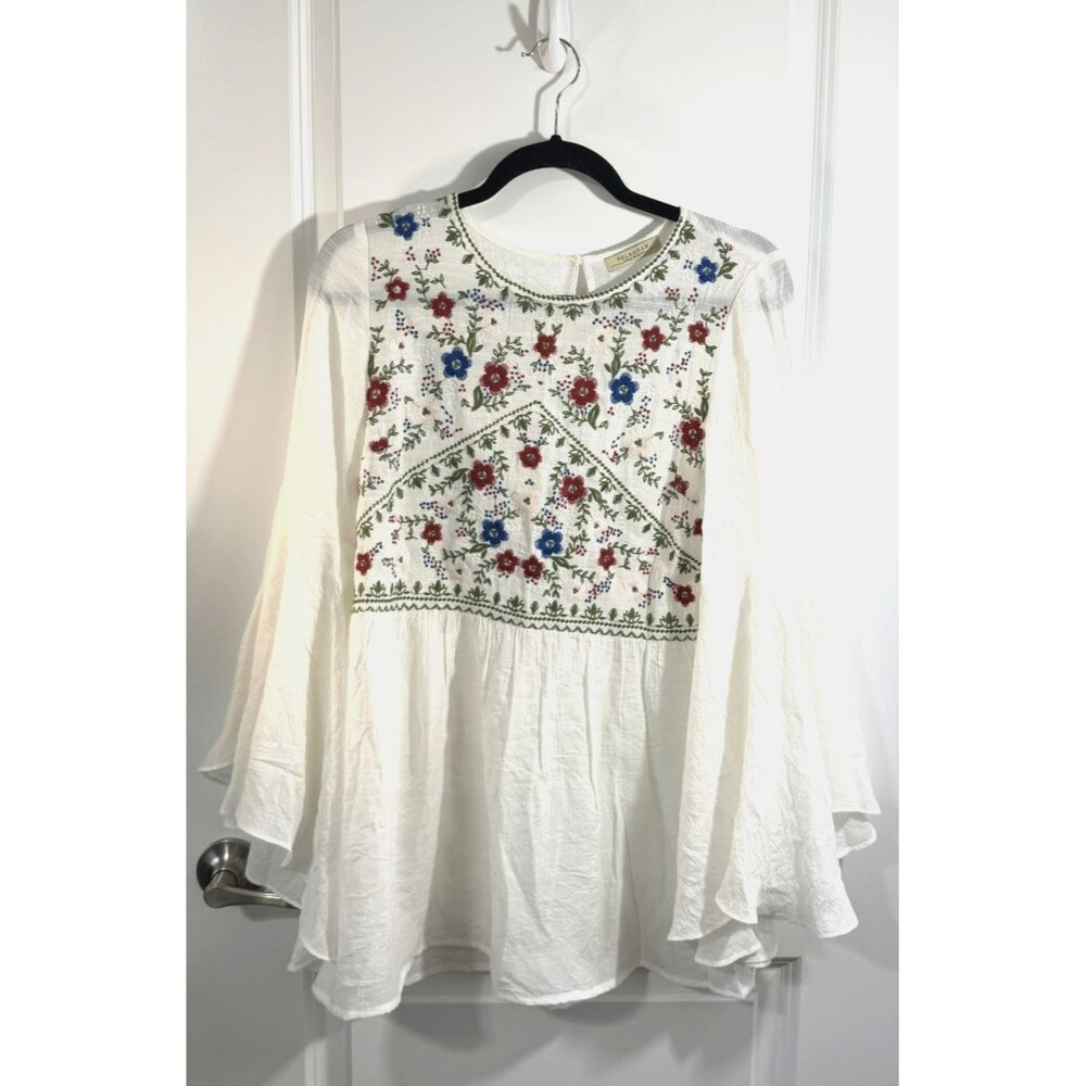 Polagram Floral Embroidered Boho Cottage Core White Red Blue M? Peplum Blouse